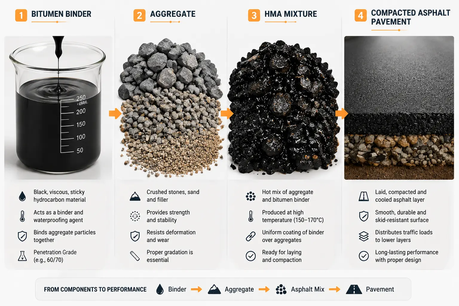 Comparison of bitumen, asphalt, and aggregate materials